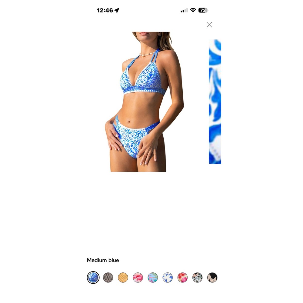 Cupshe Boho Shell Stitch Halter Bikini Top Cheeky Bottoms Set Blue XL NWT - Picture 2 of 5